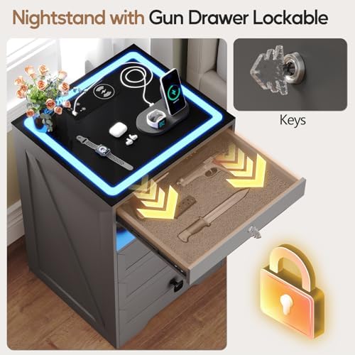 Smart LED Nightstand with Lockable Gun Drawer & Glass Top（Grey）