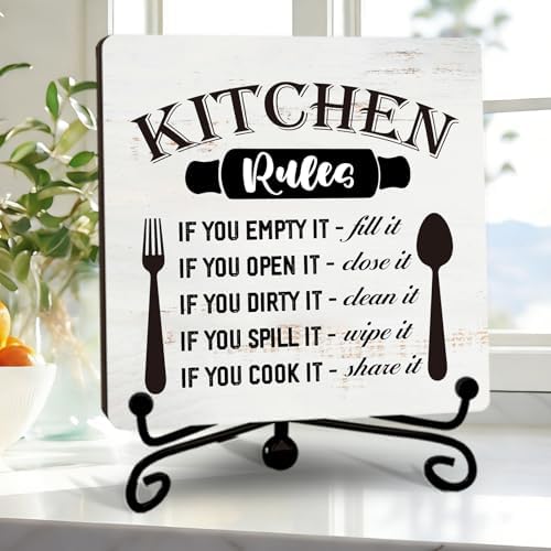 DETIHO Farmhouse Kitchen Decor, Rustic Kitchen Rules Sign Counter Decor