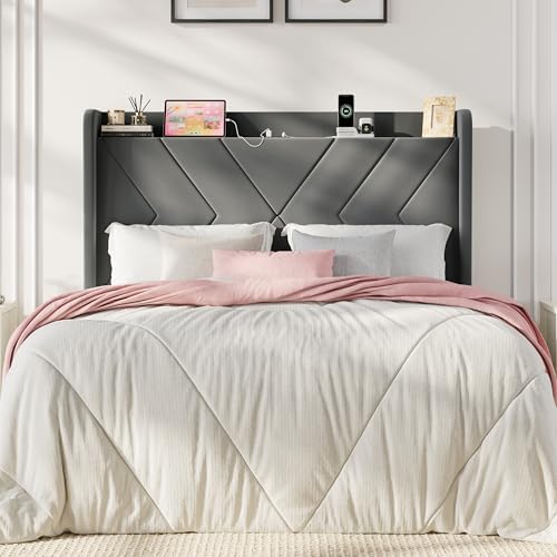 SHA CERLIN Queen Bed Frame, Velvet Upholstered Platform Bed Frame with Wingback Storage Headboard & Charging Station, Geometric Tufted Design, No Box Spring Needed, Easy Assembly, Grey