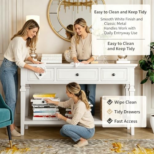VEADONS Antique White Classic Retro Console Table with 3 Storage Drawers & Spacious Open Bottom Shelf, Vintage Entryway Sofa Accent Table with Simple Assembly for Hallway Living Room