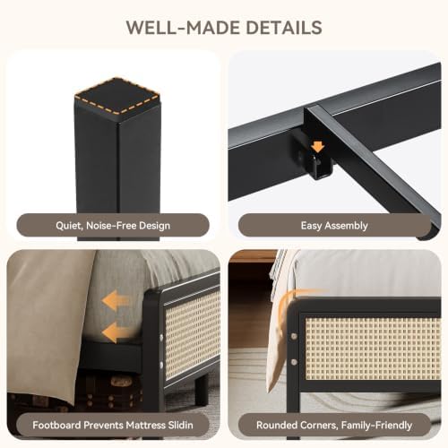 IMMERSTABLE Rattan Twin Bed Frame with Headboard, Boho Twin Metal Platform Bed Frame with Steel Slats, Under Bed Storage, Rounded Corners, No Box Spring Needed, Quiet Design, Easy Assembly, Black