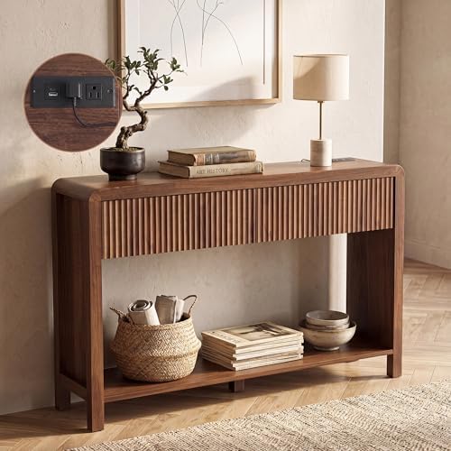 Seang Fluted Sofa Table with Power Outlets,47" Narrow Console Table with 2 Drawers Behind Couch,Curved Entryway Tables with Open Storage for Entrance,Hallway,Living Room,Dark Walnut