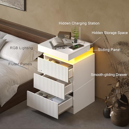 Nightstand Set of 2 for Bedroom, LED Nightstand with 3 Drawers and Charging Station, Mid Century Modern Fluted Nightstands, Bedside Tables & End Tables, White