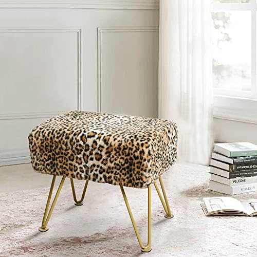 Leopard Print Rectangle Ottoman 19"x13"x17" Faux Fur Entryway Bench Footrest Stool Accent Seating Cheetah Furry Ottoman Bedroom Vanity End of Bed for Bathroom Living Room Decor