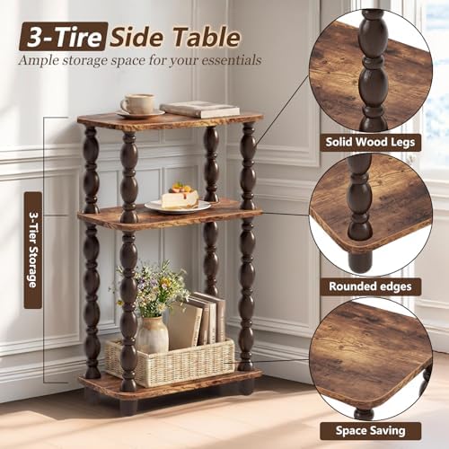 Narrow End Table, 3-Tier Side Table, Retro Couch Side Table for Small Spaces, Farmhouse End Table, Modern Accent Table, Skinny Bedside Table Nightstand for Bedroom, Living Room (Rustic Brown)