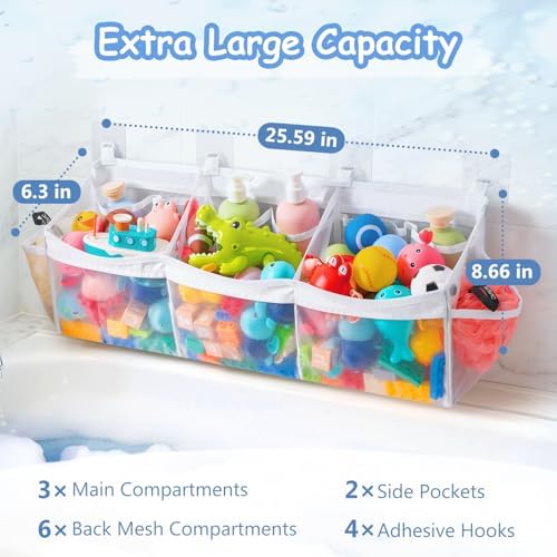 Extra Large Bath Toy Organizer with 3 Compartments and Multiple Pockets, Quick-Dry Mesh Bathtub Storage for Kids' Toys (White)