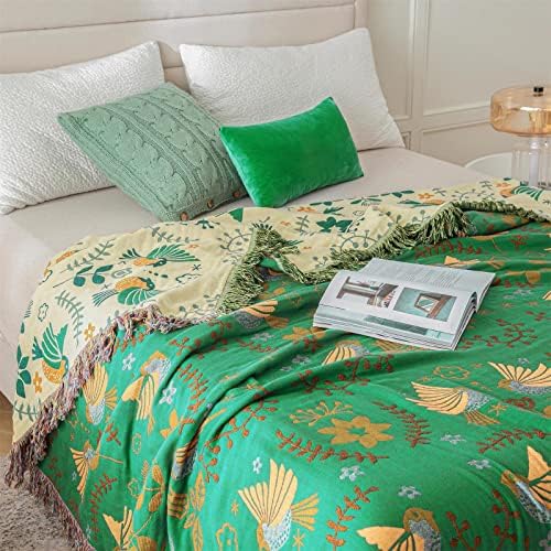 Green Fall Blanket 60''x 80'' Boho Throw Blankets for Couch Bed Chair,100% Cotton Quilts Christmas Warm Soft Blanket Muslin Bed Blankets Farmhouse Decoration