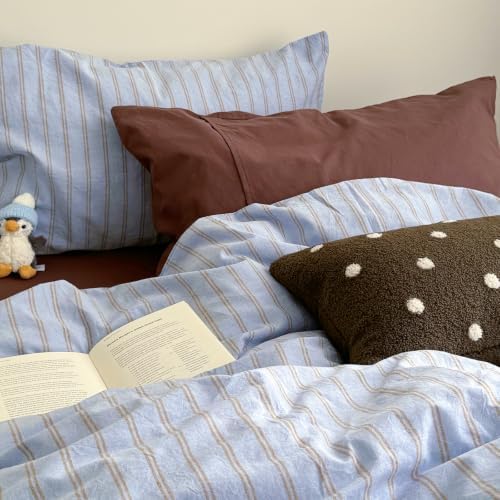 AOJIM Sky‑Blue & Warm‑Taupe Striped Duvet Cover Full 3Pcs Vintage Bedding
