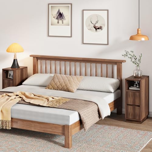 CHOEZON 8.7" Narrow Fluted Nightstand, Small Bedside Table with Drawers, Skinny Side Table, Modern Nightstand with 1 Semi-Open Shelf, Floating End Table, for Living Room, Bedroom, Walnut MBZ12HT