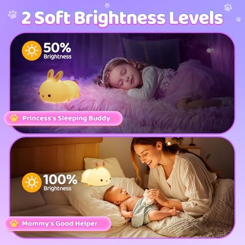 One Fire Bunny Night Light for Kids,16 Colors+ Silicone Soft Toddler Night Light, Dimmable+Rechargeable Nightlight for Kids Room, Easy Tap Control Bunny Lamp, Rabbit Lamp, Cute Stuff, Gifts for Girls