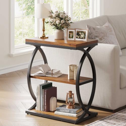Vabches Narrow Side Table with Storage Shelf,3-Tier End Table with Artistic Curved Metal Frame,Industrial Bedside Tables for Small Space,Living Room,Bedroom,Home Decor,Walnut & Black