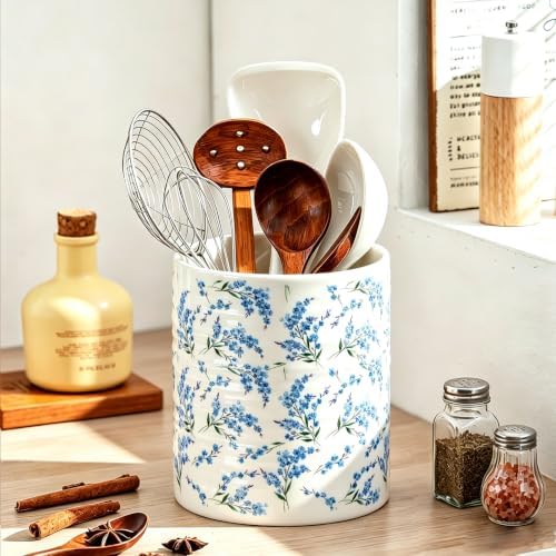 Kitchen Utensil Holder,7.2-inch Extra Large Sturdy Ceramic Cherry Floral Pattern Utensil Crock,Cooking Utensil Organizer for Kitchen Counter Decor,Storage Caddy Farmhouse Gift Blue Blossom