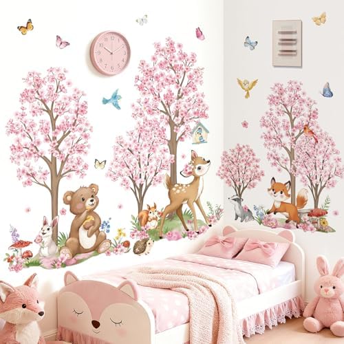 wondever Woodland Animal Wall Decals Flower Tree Bear Wall Stickers (XL)