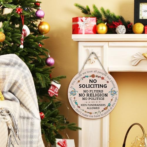 PHAMTE Funny No Soliciting Round Wreath Sign, Farmhouse Wall Hanging Plaque Wood Sign, No Flyers Religion Politics Funny Decor Decorations for Wall Pediments Door Porch Room 12 Inch