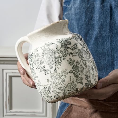 Ceramic Vintage Flower Vase, Utensil Holder, Chinoiserie Decorative Vase Decor Rustic Farmhouse Retro Floral Vases for Table Bookshelf Mantel Kitchen Living Room Office - 6.7” Gray 016