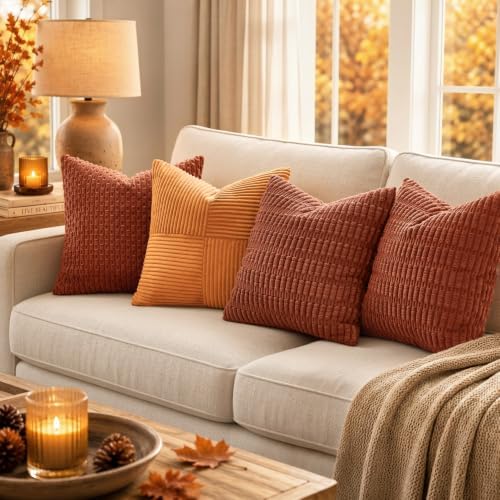MIULEE Fall Corduroy Decorative Throw Pillow Covers 12x12 Rust Pack of 2