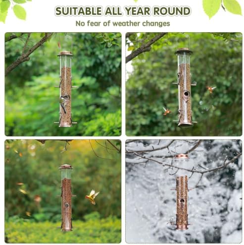 MIXXIDEA 1PK Metal Wild Bird Feeder,Squirrel Proof Bird Feeders for Outside,Hanging 6 Port Tube Bird Feeder,Finch Bird Feeder for Attracting Birds in Your Lawn, Garden, Balcony-Antique Copper