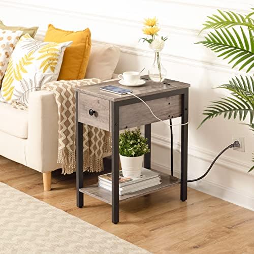 HOOBRO End Tables Living Room, Narrow Side Table with Charging Station, 3-Tier Small Bedside Table with Drawer, Storage Shelves, for Small Spaces, Bedroom, Greige and Black BG041BZ01G1