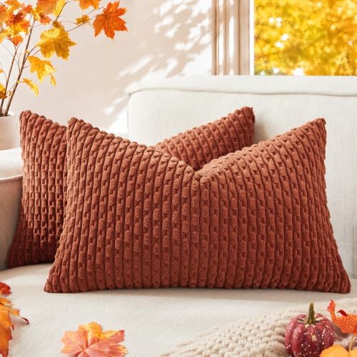 Kevin Textile Soft Corduroy 12"x20" Lumbar Pillow Covers 2 Pack, Rust Brown