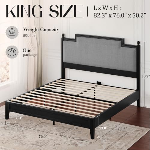 King Size Bed Frame with 50.2" Tall Upholstered Headboard, Black