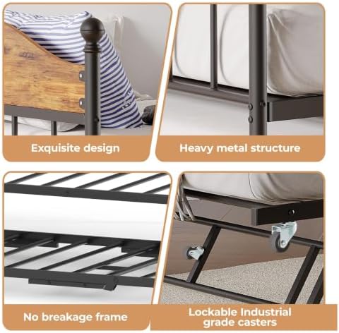Garvee Twin Daybed with Trundle, Twin Bed Frame with with Stylish Headboard, Heavy Duty Steel Slats Platform for Living Room, Bedroom, Brown