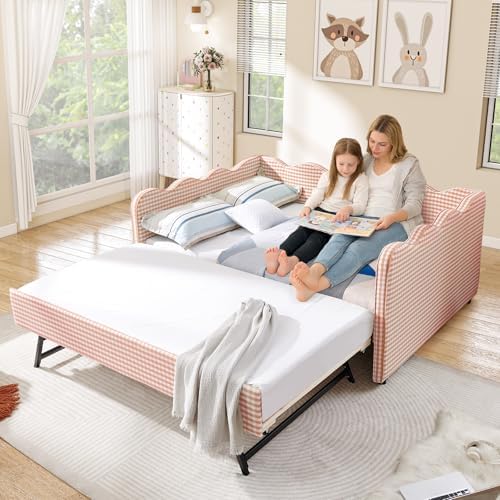 Full Size Daybed with Pop Up Trundle, Linen Gingham Full to King Daybed with USB Ports, Upholstered Day Bed Frame, Modern Sofa Bed for Living Room/Bedroom/Guest Room, No Box Spring Needed, Pink