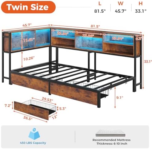 DICTAC Twin Corner Bed Frame with Bookcase Storage Headboard and Led Lights Twin Size Metal Platform Bed Frames with 2 Drawers and Charging Station,Twin Size Daybed with Storage for Kids Teen,Rustic
