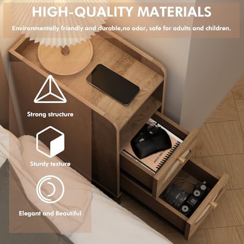 Narrow Nightstand for Small Spaces - 9.3" Slim Side Table with Rattan-Weave Drawers, Skinny Bedside Table with Open Shelf, Rustic Tall Thin Gap Filler for Bedroom & Sofa Side, Caramel Oak