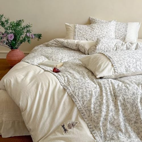 Floral Full Size Duvet Cover with 2 Pillowcases,80"×90",Cotton Linen