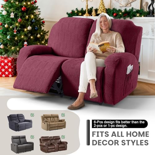 VANSOFY Stretch Recliner Loveseat Cover, 6-Pieces Slipcover, 2 Seat,Wine