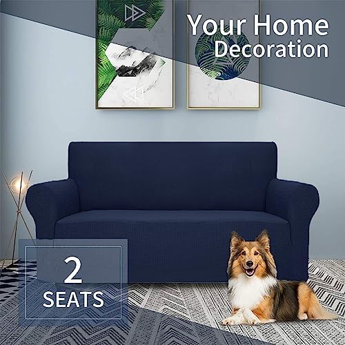JIVINER High Stretch 1-Piece Jacquard Small Checks Couch Covers for 2 Cushion Couch Anti Slip Love Seat Sofa Covers Loveseat Slipcovers Protector for Kids Pets (Navy Blue, Loveseat)