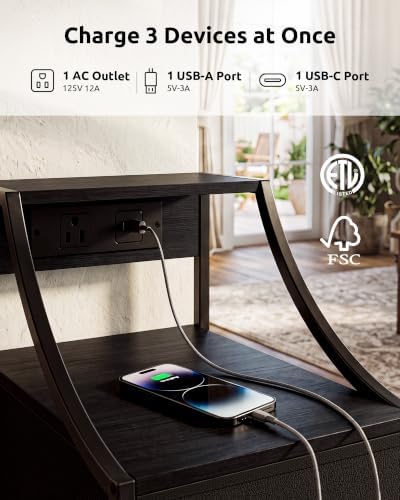 Lazzanto Narrow Nightstand with Charging Station for Bedroom, Black