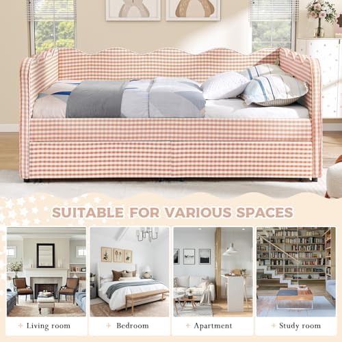 Full Size Daybed with Storage Drawers, Linen Gingham Daybed with USB Ports & Wave Shaped, Upholstered Day Bed Frame, Modern Sofa Bed for Living Room/Bedroom/Guest Room, No Box Spring Needed, Pink