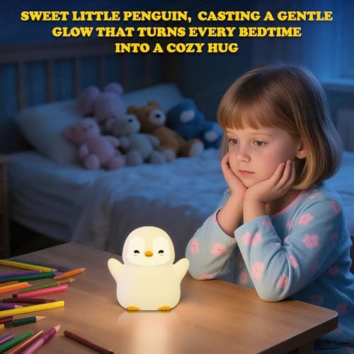 UNEEDE Standing Penguin Night Light with Detachable Bunny Hat - Rechargeable Silicone Touch Lamp, 2-Level Dimmable, 20-Min Timer, Nursery Decor for Kids & Holiday Gifts