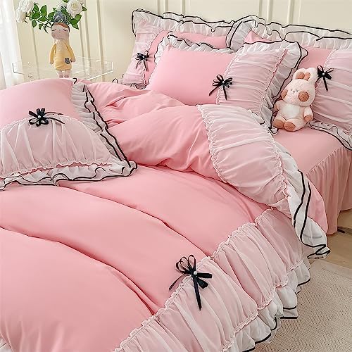 IHOUSTRIY Kid's Duvet Cover Twin Size, Ruffle Beddding Set with Bowtie, 2 Pieces Comforter Cover Set with Zipper Closure, Girl Bedding with Pillowcase - Pink, Twin