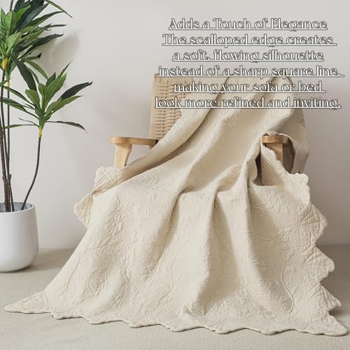 Brandream Beige Scalloped Edge Throw Quilt Cotton 47 X 60 Inch Quilted Throw Blanket for Bed Couch Daybed Decorative Throw Blankets