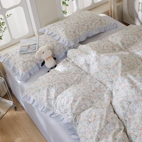 100% Cotton Vintage Floral Duvet Cover Set Queen, Chic Botanical Flower Duvet Cover with Romantic Ruffle Lace, French Country Cottagecore Comforter Cover for Girls, Aesthetic Flower Bedding Set