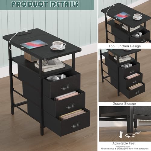 sthmec End Table with Charging Station,LED Side Tables with USB Ports and Outlets,Narrow Nightstands Bedside Tables with 3 Drawers PU Finish for Small Space,Slim Sofa Table for Livingroom,Black