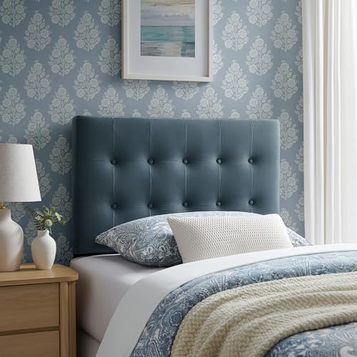 Modway Emily Twin Size Performance Velvet Headboard in Cadet Blue - Stain-Resistant Velvet Upholstery with Button Tufting and 7 Adjustable Height Positions
