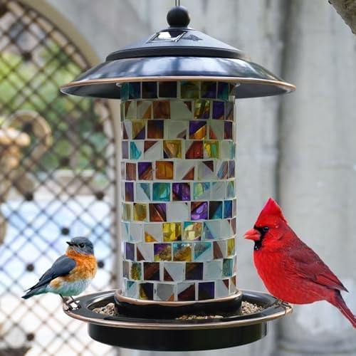Solar Bird Feeder for Outdoor Hanging Mosaic Stained Glass, Sunset