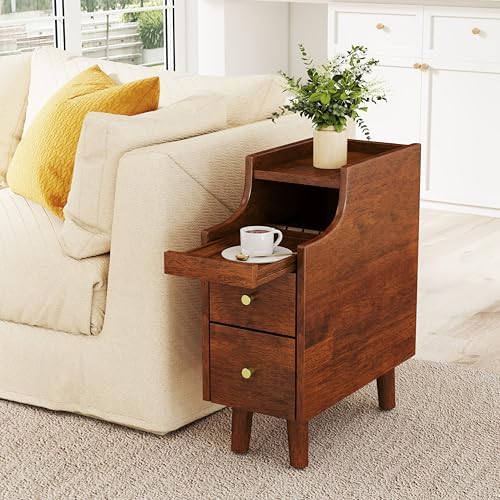 KOMFOTT Narrow Nightstand with Drawers, Solid Wood Bedside Table with Pull-Out Tray & 2 Storage Drawers, Slim Sofa End Table with Cable Management for Small Spaces, Bedroom (Brown)