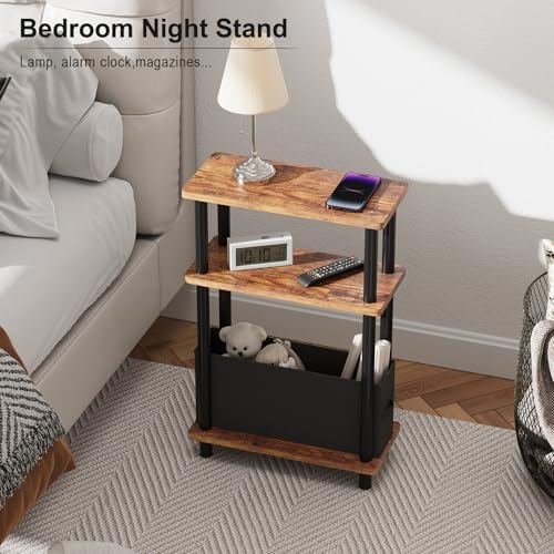 Apicizon Narrow Side Table with Fabric Basket, 3-Tier End Table,Brown Black
