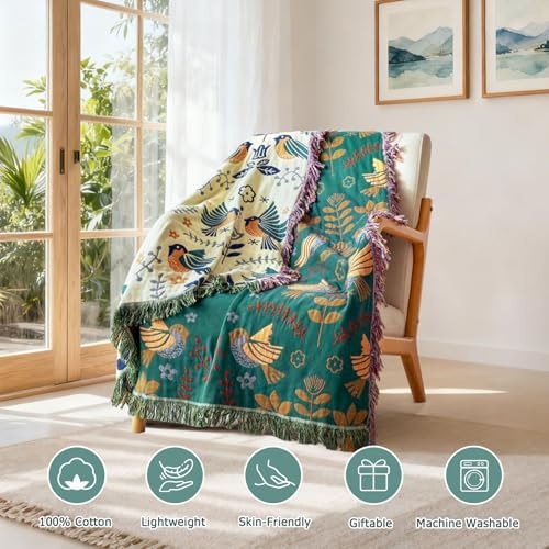 Boho Throw Blanket King Size for Bed, 100% Cotton Lightweight Fall