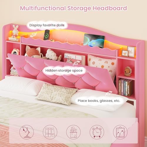 DICTAC Full Size Bed Frame for Girls with 4 Storage Drawers, Bookcase Headboard, LED Lights and Power Outlets, Diamond Tufted Velvet Upholstered Princess Platform Bed, Heavy-Duty Metal Support, Pink