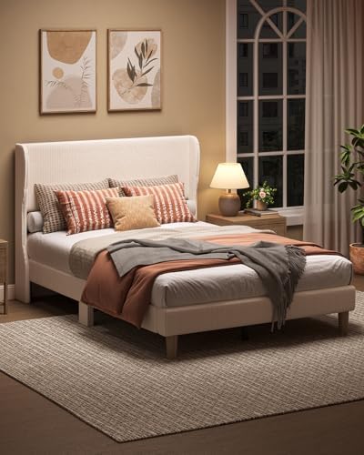 Bestier Full Bed Frame with Wingback Headboard,Upholstered,Beige
