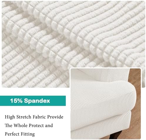 Turquoize Wingback Chair Covers 2 Piece Wing Chair Slipcover Stretch Slipcovers for Wingback Chairs Spandex Jacquard Fabric with Elastic Bottom Non-Slip Furniture Cover, Porcelain White