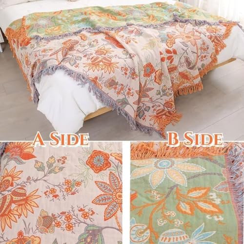 Boho Throw Blanket for Bed 100% Cotton Bohemian Blankets Ultra Soft Woven Muslin Decorative Blankets All Seasons Vintage Quilt Knitted Blanket for Sofa Chair(Orange, 50"x60")