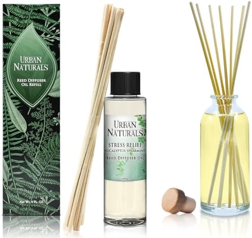 Urban Naturals Stress Relief Eucalyptus Spearmint Reed Diffuser Oil Refill | Fill Your own DIY Diffuser Bottle! Includes Replacement Reed Sticks, 4 oz (2 Pack)