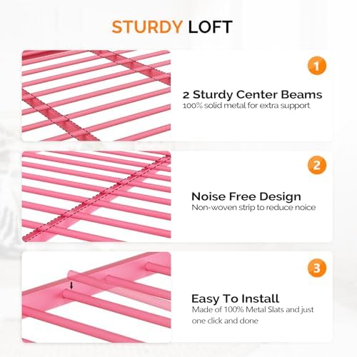 VINGLI Queen Loft Bed with Flat Rungs for Adults, Kids and Young Teens, No Box Spring Required,Heavy Duty Metal Slat Support, Pink