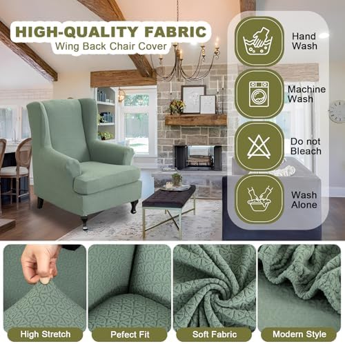 NILUOH Stretch Wingback Chair Slipcover 2-Piece Wing Chair Slipcovers Sofa Cover Furniture Protector Soft with Elastic Bottom, Spandex Jacquard Fabric,Bean Green